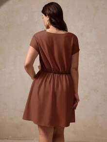 Elegantrix Plus Size Women's Spring/Summer Cap Sleeve Draped Neck Waist Cinched Casual Short Dress - Brown - View 2