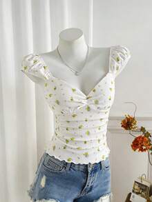 Sweetra Women's White Cottage Core Sexy T-Shirt, Summer Picnic Sweetheart Neck Puff Sleeve Knit Top, Graphic Print Ruched Waist Bow Decor Golf - Yellow - View 5