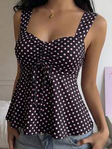 CovetEZ 2026 Spring/Summer New Women's Apparel: Black & Pink Polka Dot Cute Casual Versatile Ruffle Drawstring Blouse/Tank Top - Brown - View 4