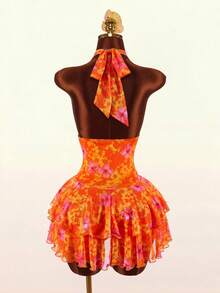 Women's Lace Halter V-Neck Waist Ruffle Hem Mini Dress, Sexy & Avant-Garde, Suitable For Vacation Boho Style - Orange - View 10