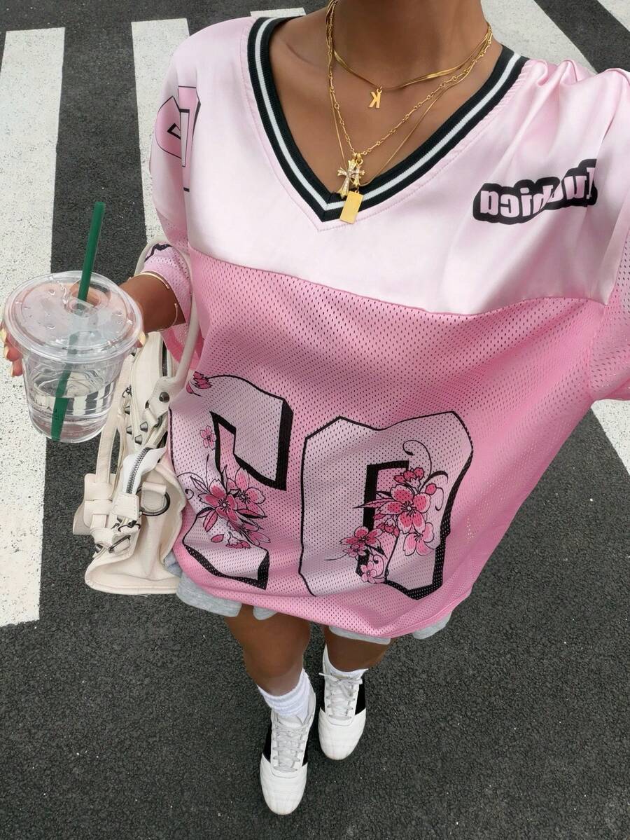 Muchica 女士休闲时尚街头学院风数字花卉印花V领网眼透气T恤,夏季 - 彩色 - 查看 1