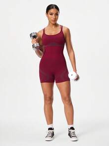 Seamluxe SHEIN Sport Bộ áo liền quần thể thao không đường may, áo liền quần tập thể dục, áo liền quần ôm sát gợi cảm hở lưng, đồ thể thao nữ. - Màu Đỏ Sâu - Xem 6