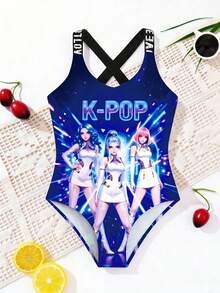 新款时尚女童连体泳衣，比基尼吊带连体裤，数码印花可爱交叉绑带，女童沙滩泳装 - 彩色 - 查看 3