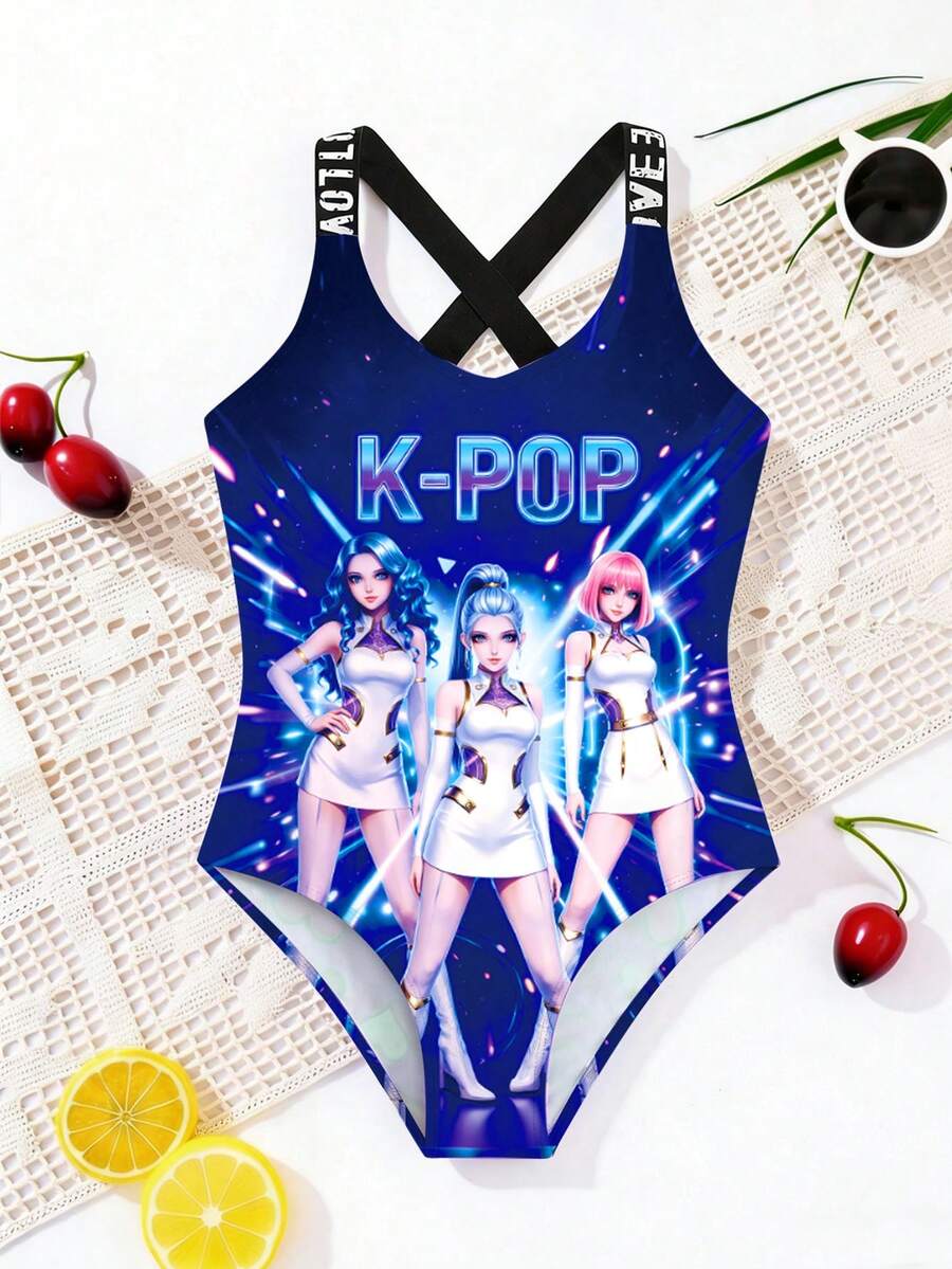 New Fashion Girls One-Piece Swimsuit, Bikini Spaghetti Strap Style Romper, Digital Printing Cute Criss-Cross Strap, Beach Swimwear For Girls - Multicolor - View 1