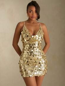 Glamine New Drop Neck Light Golden Color Sequin Backless Halter Lace-Up Back Sexy Mini Dress, Maspuerade Ball Dress, Valentine Day, Concert Date Night Party - Gold - View 3