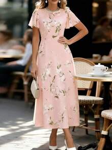 EMERY ROSE Đầm thanh lịch màu xanh dương bằng vải chiffon in hoa, tay bồng, dành cho nữ. - Hồng - Xem 4