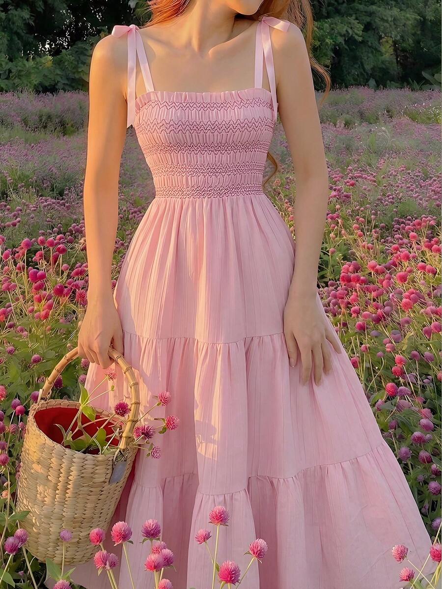 SHEIN MOD Women's Summer Minimalist Spaghetti Strap Ruffle Hem Dress - Pink - View 1
