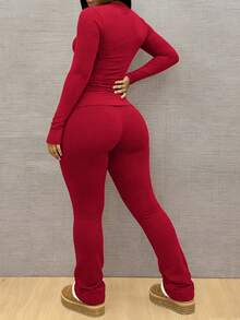 INAWLY Solva 2pcs Women Solid Color Crew Neck Long Sleeve Top And Pants Casual Set Fall Cloth For Women - Red - View 3