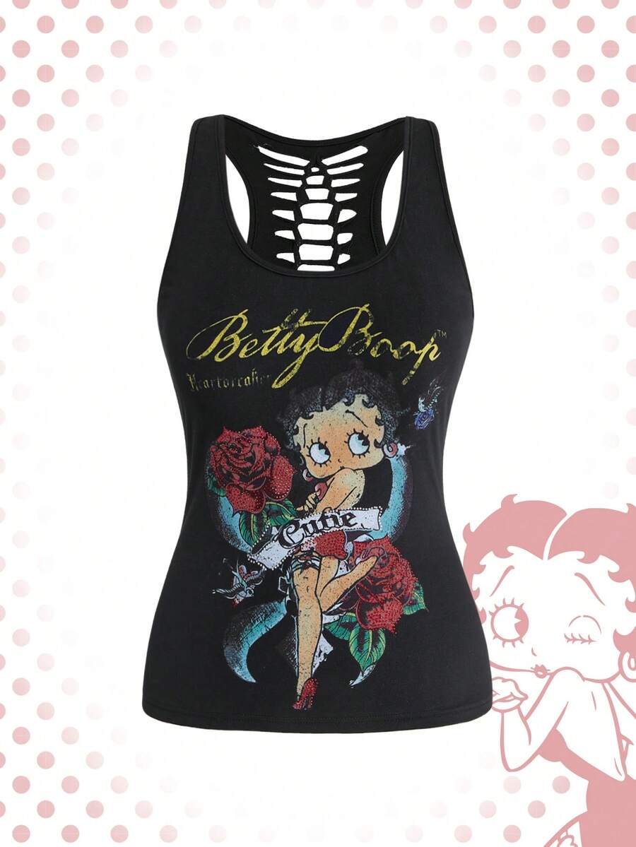 Betty Boop | ROMWE 大码女式印花休闲圆领背心 - 黑色 - 查看 1