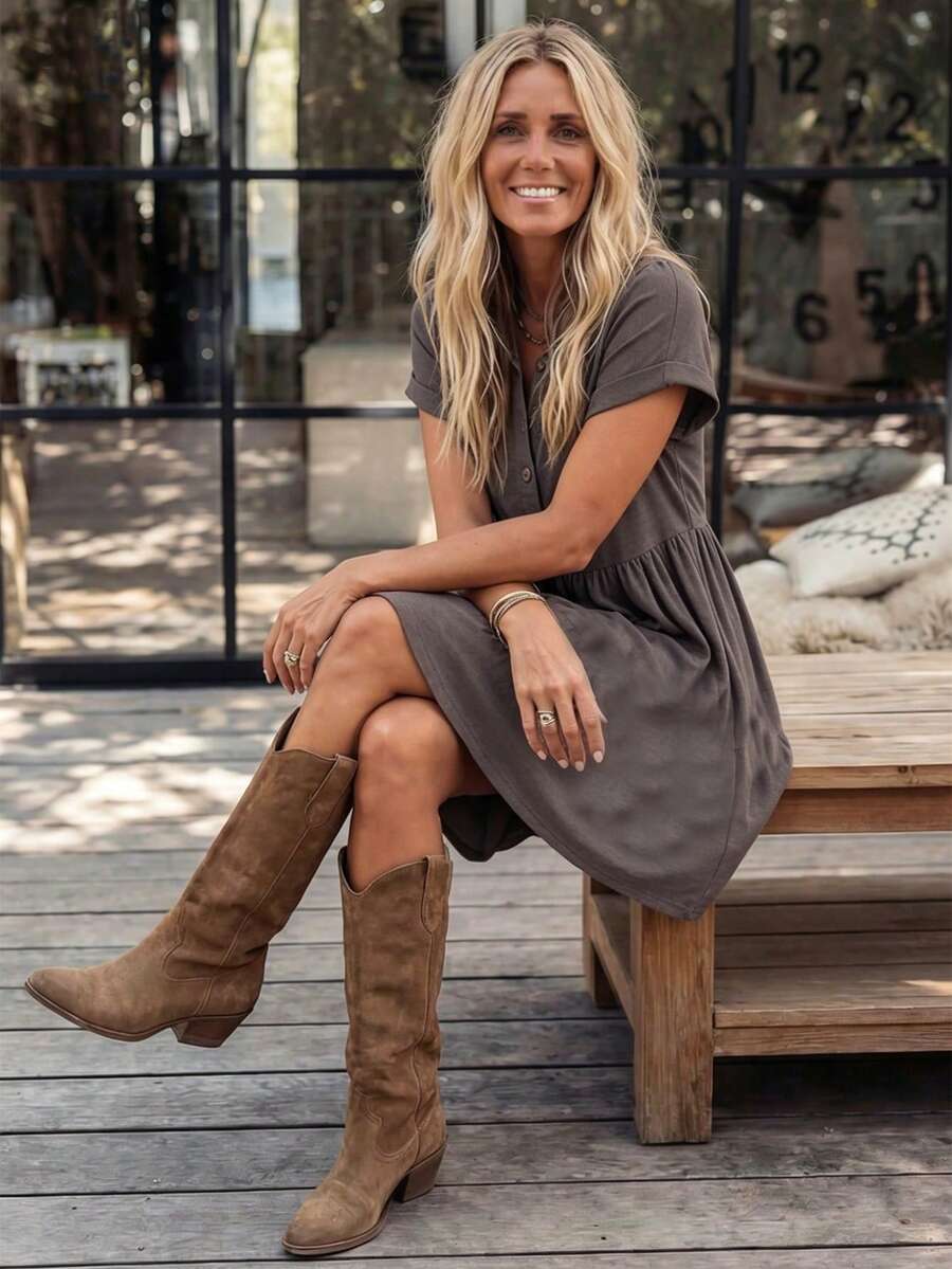 LanaWest 女士咖啡色纯棉套头圆领蝙蝠袖腰部褶皱宽松娃娃裙，夏季波西米亚休闲度假风 - 咖啡 - 查看 1