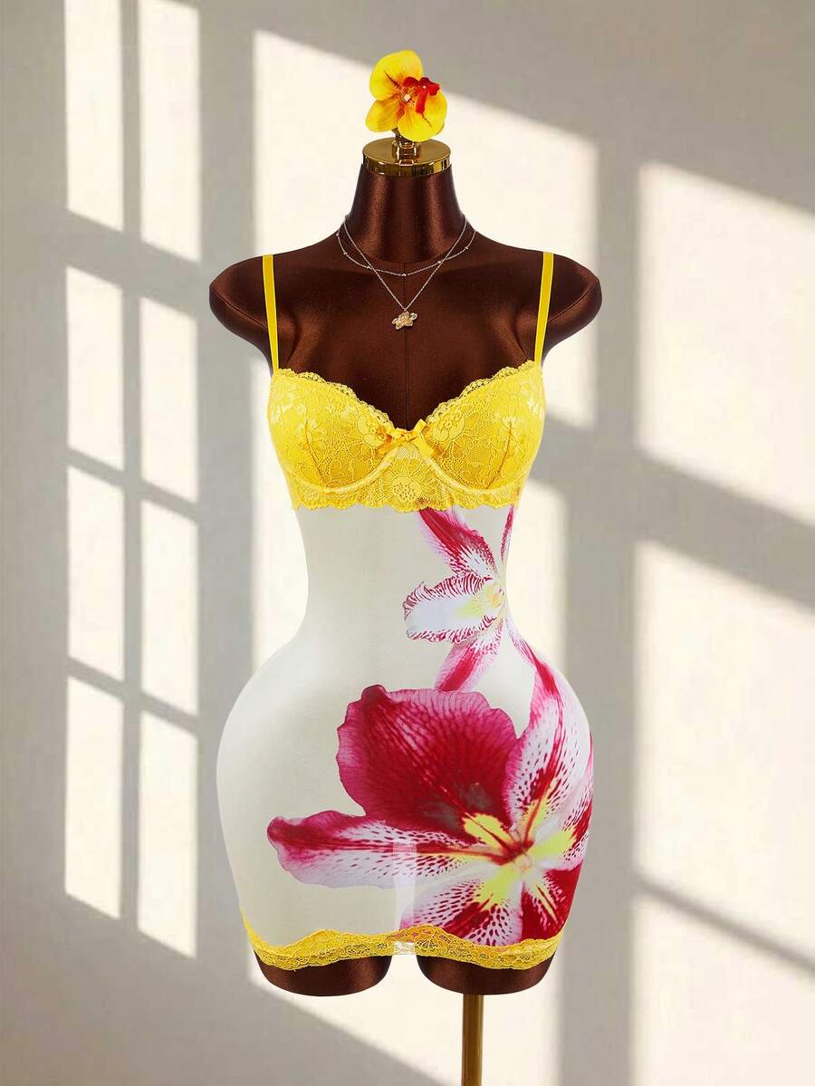 Amplova Lace Cup Detail Tropical Floral Mesh Bodycon Mini Dress - Yellow - View 1