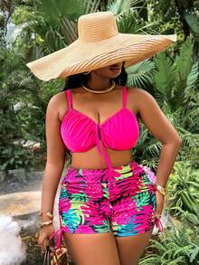 Slaydiva 2026 New Plus Size Summer Hot Pink Tie-Front Bikini Top Tropical Ruched Shorts Set, Beach Holiday Pool Party Vacation Holiday Swimwear Black Floral Tropical - Hot Pink - View 1