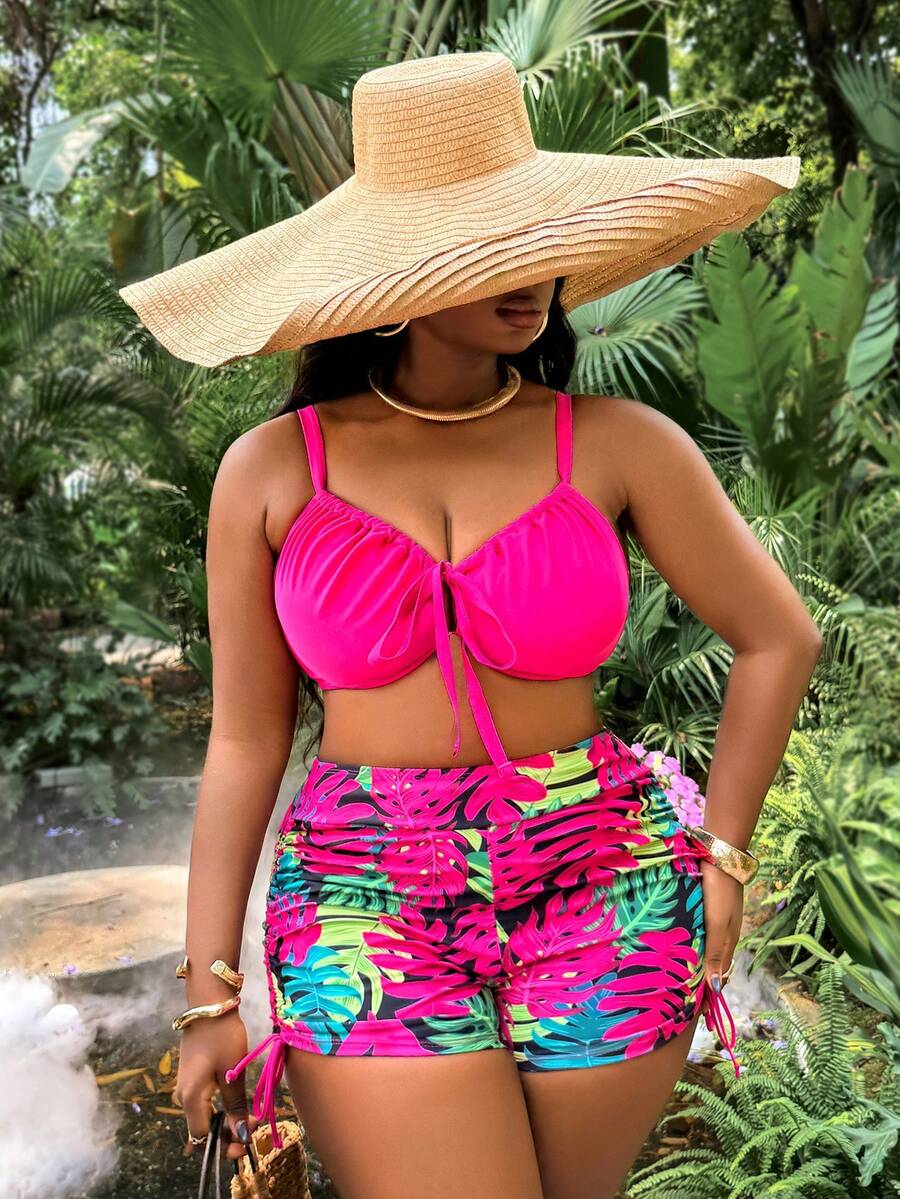 Slaydiva 2026 New Plus Size Summer Hot Pink Tie-Front Bikini Top Tropical Ruched Shorts Set, Beach Holiday Pool Party Vacation Holiday Swimwear Black Floral Tropical - Hot Pink - View 1