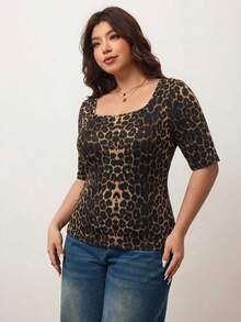 Plus Size Women Leopard Print Crew Neck Short Sleeve T-Shirt, Suitable For Summer, Music Festivals, Vacation Parties - Multicolor - View 3