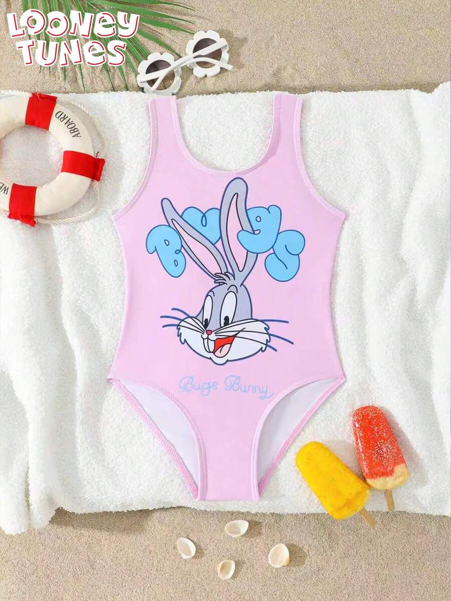 LOONEY TUNES X SHEIN GraphicGems 假度假泳池派对，粉色背景可爱印花设计，适合夏季海滩度假 - 彩色 - 查看 1