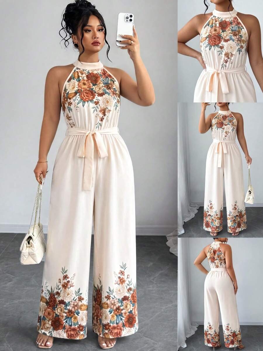 Elenzga Mono de verano sin mangas con cuello halter, cintura con lazo y estampado preciso para mujer talla grande, elegante y ligero - Albaricoque - Ver 1