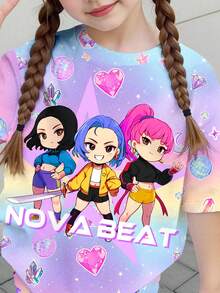 SHEIN 少女字母卡通印花T恤和打底裤休闲日常穿搭 - 彩色 - 查看 5