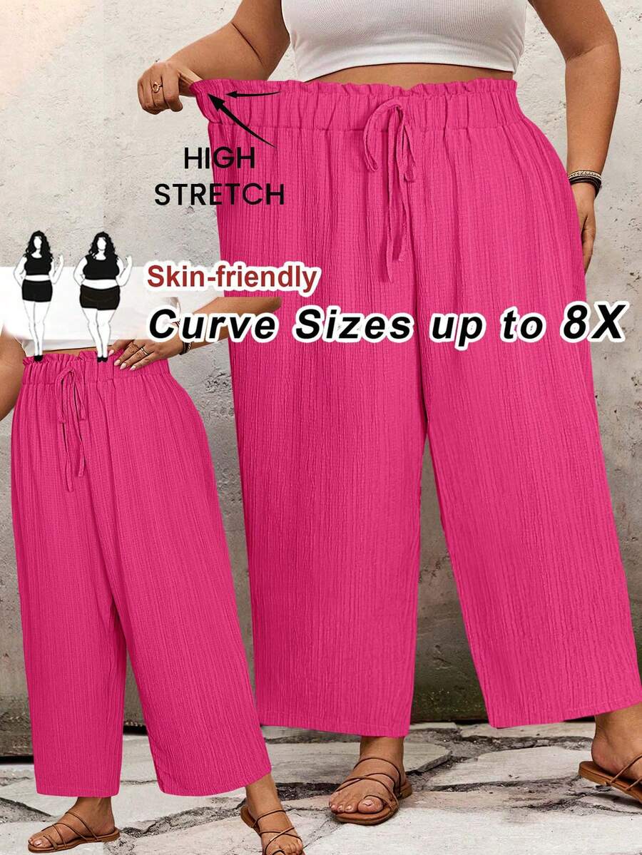 SHEIN CURVE+ Plus Size Casual Solid Color Loose Fit Long Pantssummer/Country/Beach Vacation Outfits/Beach Outfits/Beach Wear - Hot Pink - View 1
