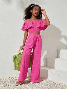 SHEIN Tween Girls' Casual Solid Color Off-Shoulder Cropped Top And Wide Leg Pants Set, Spring/Summer - Hot Pink - View 3