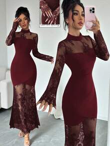 Elenzga New Elegant Sexy Lace Hollow Out Long Sleeve Dress, Waist Cinched Bodycon High-End Stretchy Mermaid Formal Gown Lace Paneled Dress Zanea Dress For Woman Bodycon Maxi Dress Elegant Dress Ladies Dresses - Burgundy - View 5