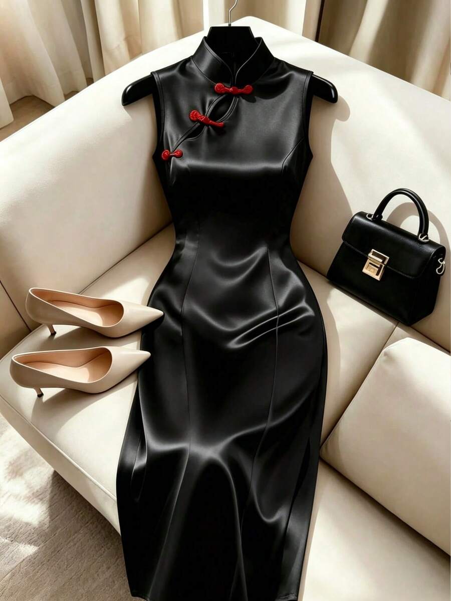 SHEIN Franclia 女士无袖立领连衣裙，右侧饰有装饰缝线，左侧开衩下摆，后背拉链，收腰设计，中式黑色缎面旗袍连衣裙，奢华连衣裙，黑色丝绸连衣裙，旗袍连衣裙，女士奢华连衣裙，无袖旗袍缎面连衣裙，优雅黑红连衣裙，缎面黑色连衣裙，黑色长款连衣裙，女士吸睛连衣裙，惊艳连衣裙，女士奢华连衣裙，高品质连衣裙，优雅连衣裙 - 黑色 - 查看 1