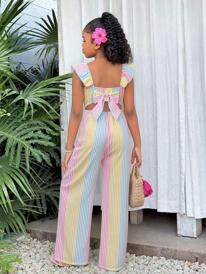 女童连体裤，后背镂空设计，装饰蝴蝶结，吊带荷叶袖连体裤，适合春夏休闲穿着