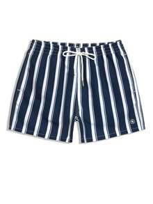 Manfinity Swimmode Pantalones cortos de playa con estampado a rayas para hombres, vacaciones - Azul Marino - Ver 6