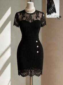 The Spring And Summer Elegant And Fitted Contrasted Lace Sheer Heart-Shaped Neckline Low-Cut Dress, With A French Hepburn Style Black Lace Patchwork Fitted Full-Skirted Dress, Belongs To A Cocktail Dress / Sophisticated Style. The Full-Skirt Is Decorated With Three Silver Metal Clasps On The Side, Adding Visual Highlights And Depth; The Hem Also Has A Lace Border, Enriching The Overall Details. Suitable For Occasions That Require Highlighting Elegance And Femininity, Such As Company Anniversarie - Black - View 1