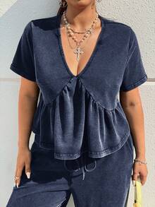 Muchica Conjunto de 2 piezas para mujer talla grande, top de manga corta con bajo con volantes de color liso y pantalones con cordón, primavera/verano - Azul Marino - Ver 5