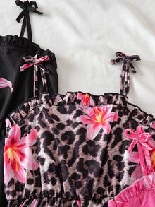 SHEIN Genkimix Kids 3件套少女休闲度假可爱碎花条纹纯色连体衣，适合多子女家庭、海滩度假、户外玩耍、上学等场合。 - 彩色 - 查看 6