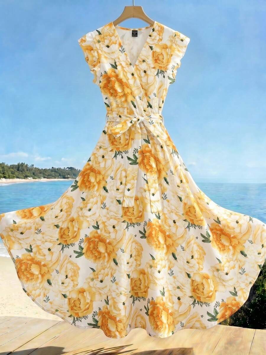 Franclia Women's Floral Print Overlap V-Neck Cap Sleeve Vacation Dress - Multicolor - View 1