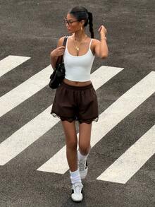 Muchica Women's Casual Contrast Lace Brown Woven Shorts, Summer - Brown - View 4