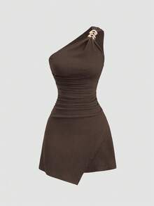 Sweetra Y2K Sexy Asymmetric Neck Textured Fabric Pleated Buttoned Versatile Elegant Commuter Dress - Coffee - View 6