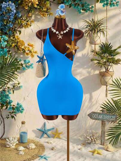 Amplova Women's Sexy Asymmetrical Mint Blue Starfish Detail Mini Dress, Avant-Garde Style Suitable For Vacation