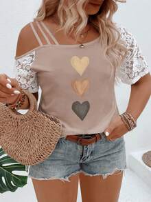 EMERY ROSE Plus Size Women's Gradient Heart Print Asymmetric Neck Lace Short Sleeve Casual T-Shirt, Spring/Summer Gym Brown - Khaki - View 3
