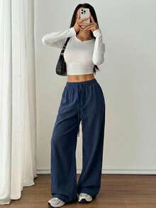 SHEIN PETITE 女款海軍藍 100%純棉圓弧下擺長褲，秋季休閒居家服波希米亞風海灘度假穿搭，極簡水洗夏季鄉村音樂會服飾，適合嬌小女性 - 藏蓝色 - 查看 4