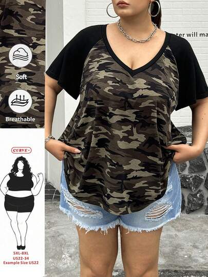 SHEIN CURVE+ Plus Size Camouflage Print Contrast Sleeve T-Shirt, Suitable For Spring/Summer Vacation