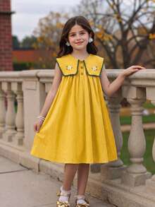 SHEIN Girls' Floral Embroidered Dress,White Summer Fairy Party Peter Pan Collar,Pastoral Ruffle Trim Contrast Color Puff Sleeve Round Neck Versatile Dress - Yellow - View 3