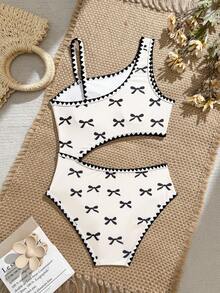 Tween Girls' Summer Sweet & Cool Design Beach Vacation Butterfly Print Asymmetrical Shoulder Hollow One-Piece Swimsuit - Black and White - View 2