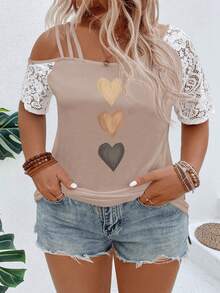 EMERY ROSE Plus Size Women's Gradient Heart Print Asymmetric Neck Lace Short Sleeve Casual T-Shirt, Spring/Summer Gym Brown - Khaki - View 5