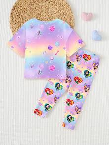 SHEIN 女婴卡通人物印花圆领短袖T恤和打底裤套装 - 彩色 - 查看 7