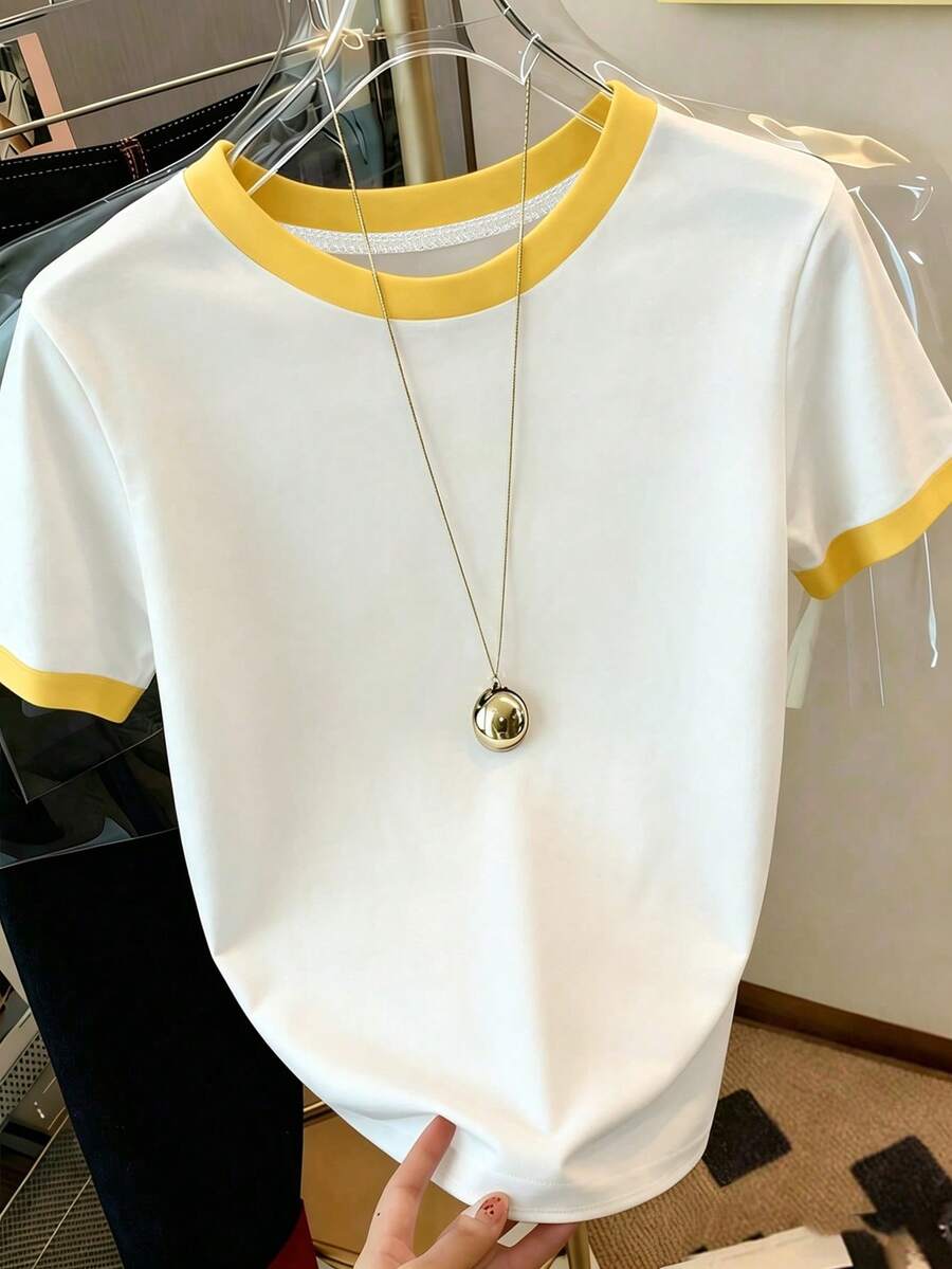 Resyla Camiseta de mujer de manga corta con cuello redondo y bloques de color, casual de verano - Blanco - Ver 1