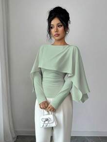 SHEIN Elenzya 新款女士披肩领长袖弹力针织上衣，青春优雅日常百搭收腰显瘦T恤 - 薄荷綠 - 查看 6