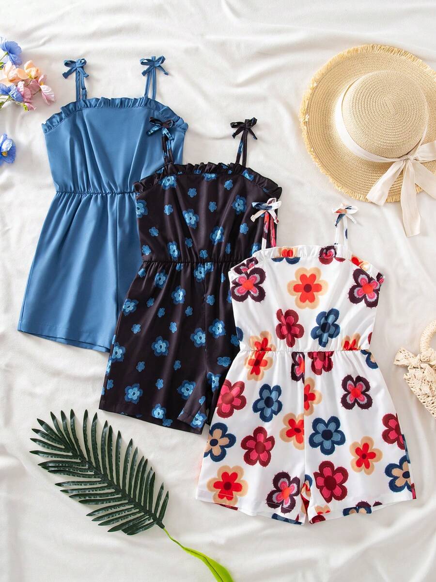 SHEIN Genkimix Kids 3件套少女休闲度假可爱碎花条纹纯色连体衣,适合多子女家庭、海滩度假、户外玩耍、上学等场合。 - 彩色 - 查看 1