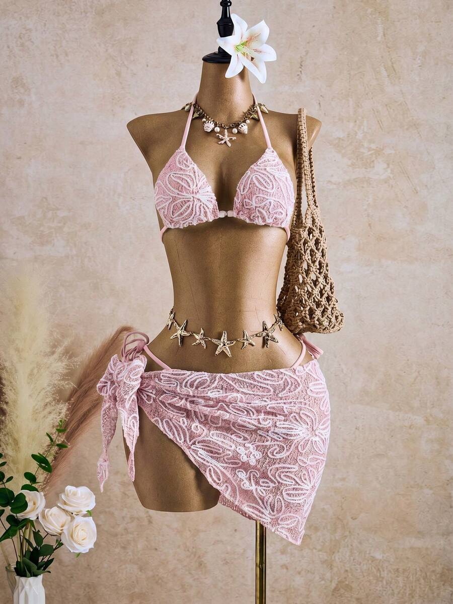 Bellisia Green Base White Striped Floral Special Fabric Backless Strap Women 3 PiecesSwimsuit, Spring/Summer - Pink - View 1