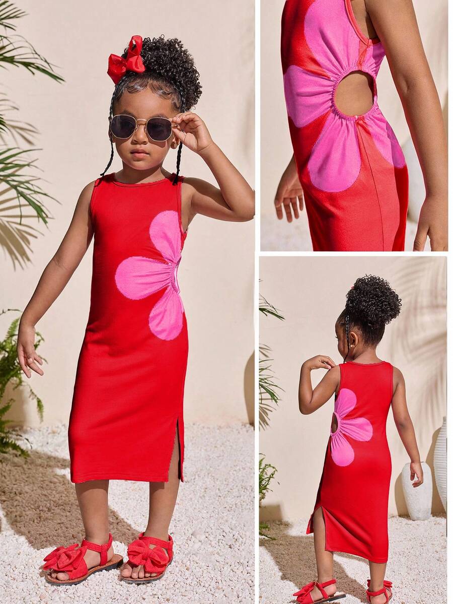 Đầm chữ A cổ tròn khoét eo màu hồng cánh sen nhiệt đới cho bé gái - Màu Hồng Tươi - Xem 1