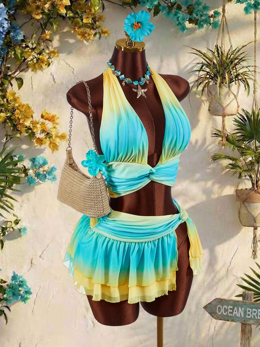Amplova Bộ đồ hai mảnh ombre dành cho nữ, gợi cảm và phá cách, thích hợp cho trang phục đi nghỉ mát, thiết kế cổ yếm, vạt áo bất đối xứng hai lớp, phong cách biển thướt tha. - Màu xanh lam - Xem 1