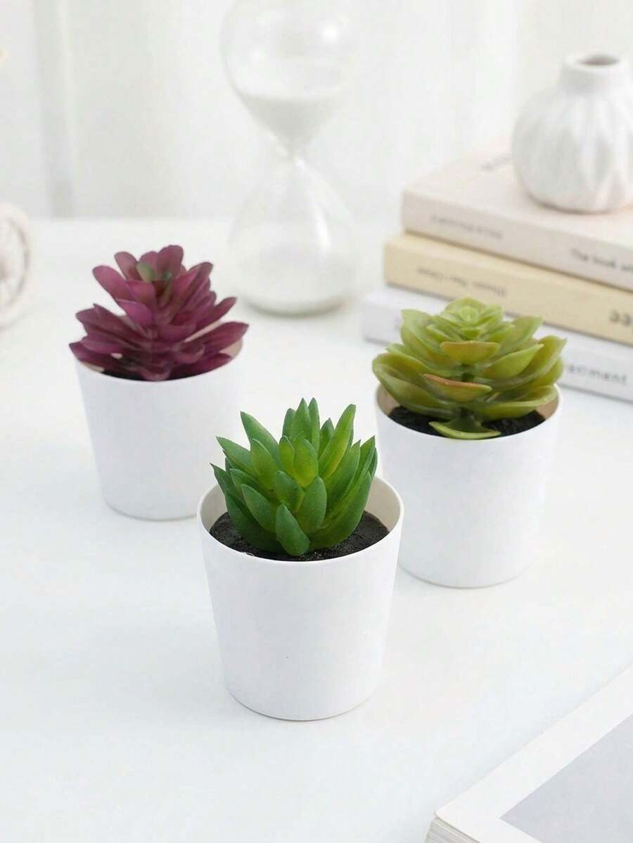 1PC Simulated Flocked Succulent Diamond Pattern/Small White Bucket Plant Pot Artificial Flower Decoration Simulated Flower Table Decoration Succulent Small Bonsai Bionic Green Plant - Multicolor - View 1