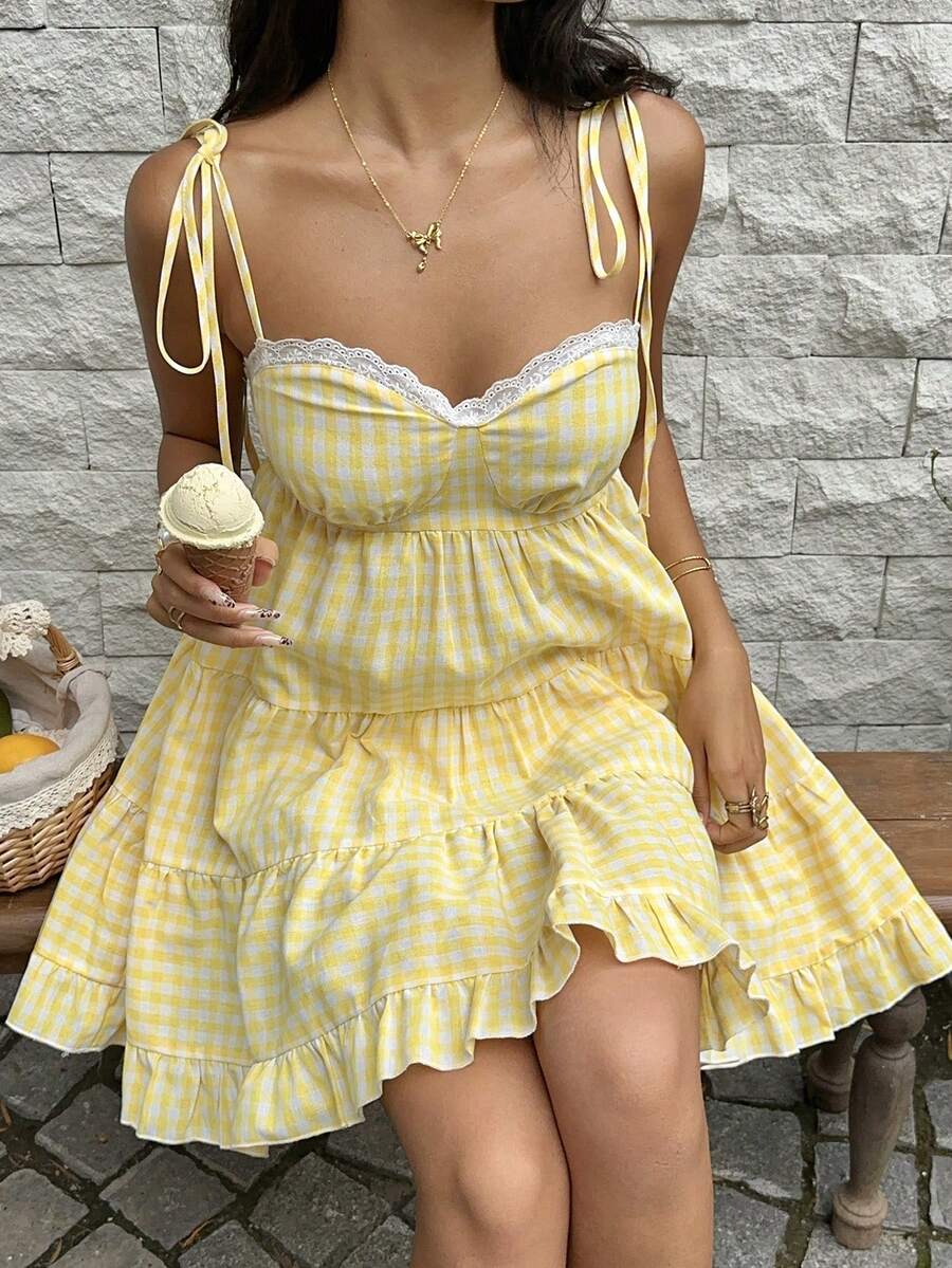 SHEIN SunnyBelle 法式复古红色格子吊带早春新款蕾丝边修身百搭甜美优雅叠层女装 - 黃色 - 查看 1