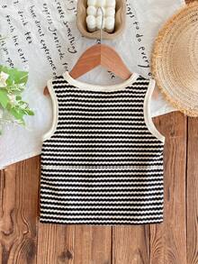 SHEIN Áo hai dây mùa hè dáng rộng kẻ sọc trang trí nơ cho bé gái - màu đen - Xem 9